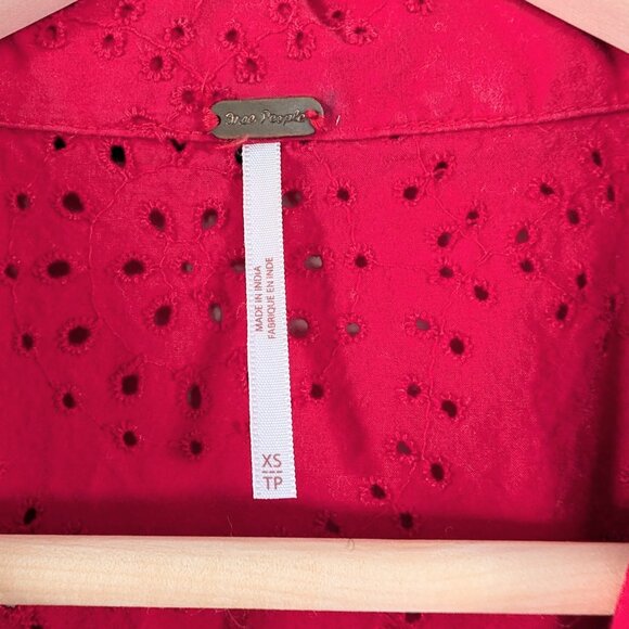 Free People Dream Together Collared Button Up Red Eyelet Top - Women's XS - Picture 6 of 13